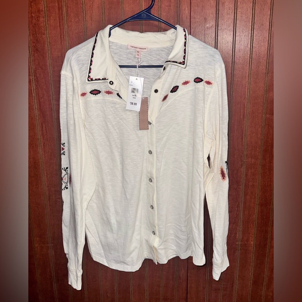 Embroidered Cream Button-Down Shirt with Red Accent